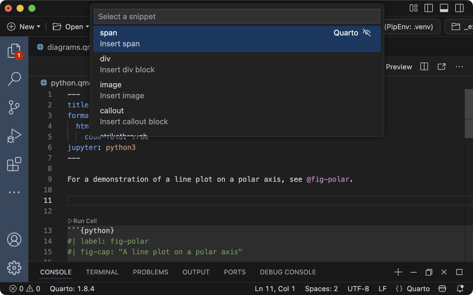 Quarto document with dropdown 'Select a snippet' dropdown, the first item (bold - insert bold text) is selected.