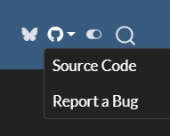 The right section of a Quarto navbar containing a Bluesky and Github logo. The Github logo is selected and a menu is underneath it with two items: 'Source Code' and 'Report a Bug'