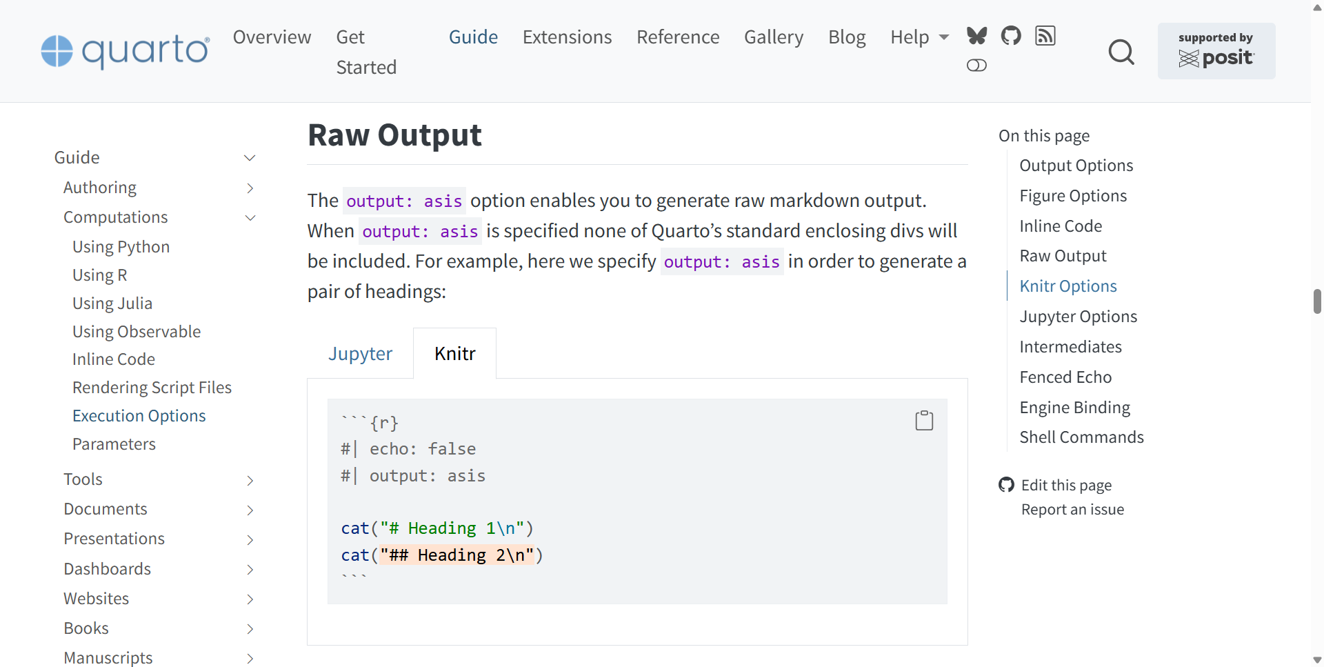 Quarto website showing search result highlighting: the Knitr tab is activated inside a tabset, yellow highlighted marks appear on code lines containing cat statements, and the page is scrolled to the Raw Output section.